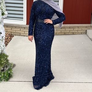Mac duggal LONG SLEEVE ILLUSION GOWN WITH EMBELLISHMENT